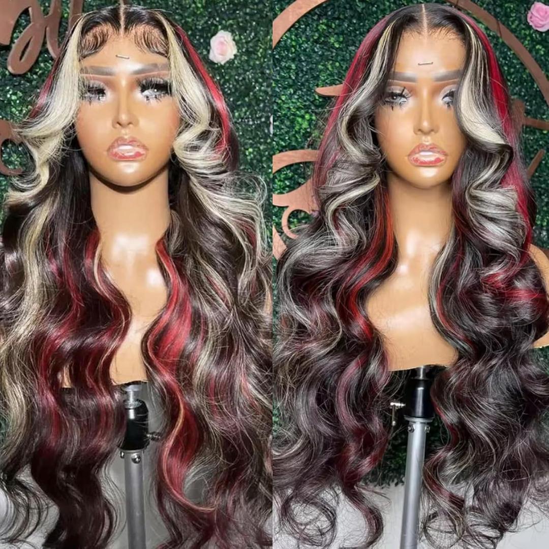 Glueless Black and Red with Blonde Highlight 13x4 HD Lace Front Body Wave Baby Hair Wigs Pre Plucked Skunk Stripe Frontal Wavy Color Naturala Hairline Wig for Women for Daily Cosplay Party Use