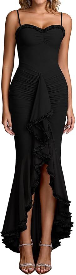 KUTUMAI Elegant Ruffle Long Formal Wedding Guest Dress Ruched Bodycon Slit Maxi Cocktail Dresses for Women, XL