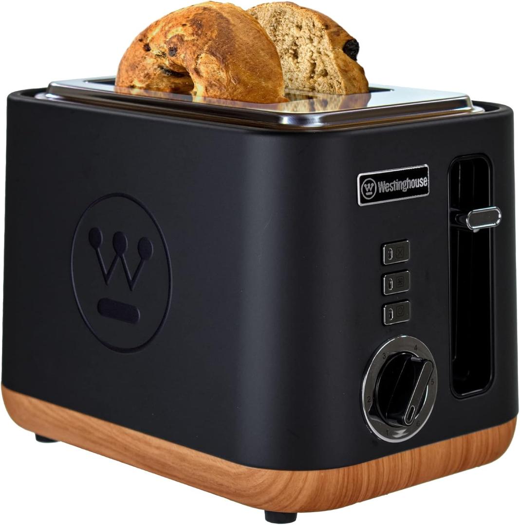 Westinghouse Scandinavian Design Toaster with Wide Slots, Removable Crumb Tray, 6 Browning Levels, and Cancel/Reheat/Defrost Options for Bread, Bagels, & Waffles Black with Wood Finish, 2-Slice