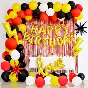 Red Yellow Birthday Party Decorations, Happy Birthday Banner, Red Yellow Fringe Curtain with Latex & Confetti Balloons, with Love, Star, Lightning Bolt Foil Balloons for Boy Girl Birthday Party