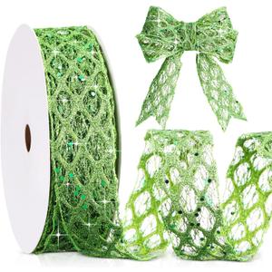 Geosar 20 Yards Green Glitter Mesh Wired Ribbon for St Patricks Day Decor Flower Bouquet Gift Wrapping DIY Craft St Patricks Day Tree Decoration (1.5 Inch)
