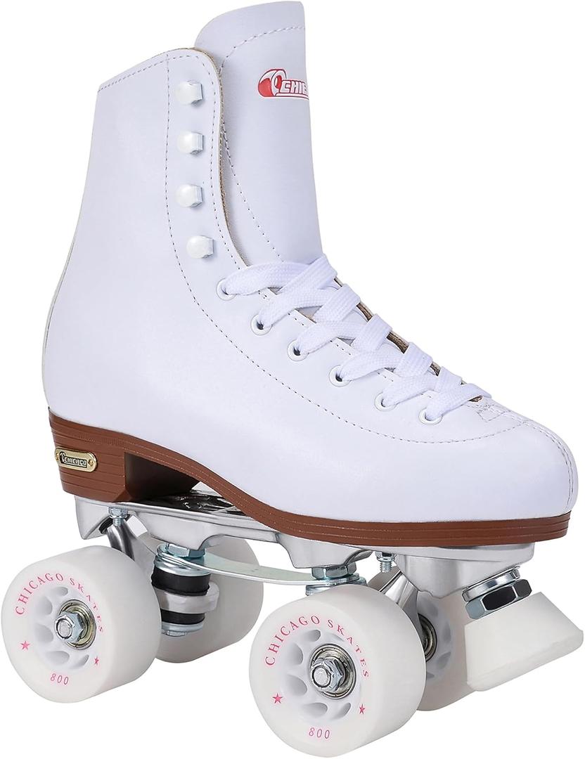 Chicago Quad Roller Skates for Girls & Boys  Durable, Top Performance Indoor/Outdoor Use or Roller Derby - Classic Deluxe Leather High-Top Boots with 60mm Urethane Wheels & Semi-Precision Bearings (Women / Men - 7, White)