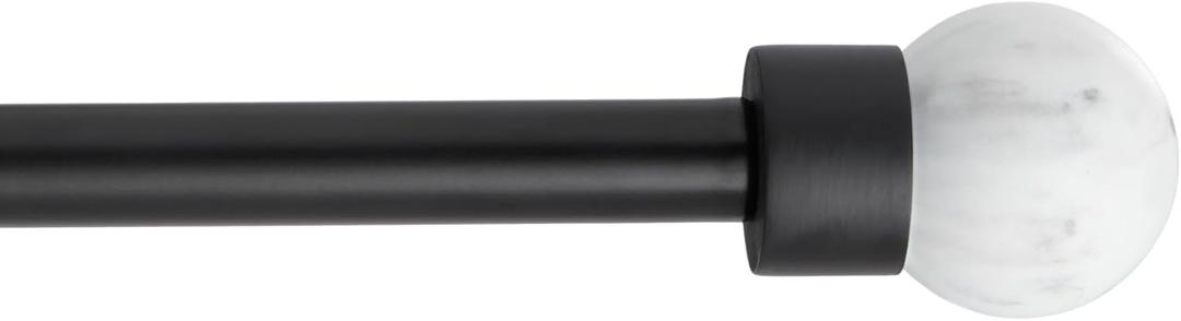 TOWN & COUNTRY LUXE Marbled Sphere Single Indoor Curtain Rod and Finial Set, Natural Marble Stone Look, Easy Install Wall Mount, Matte Black, Adjustable 36-72