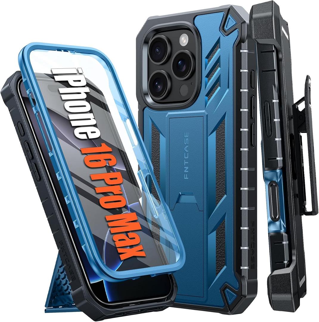 FNTCASE for iPhone 16 Pro Max Case: Military Grade Protection [Built in Screen Protector] [Belt Clip Holster & Kickstand] Shockproof TPU Protective Bumper | Rugged Drop Proof Matte Phone Cover Blue