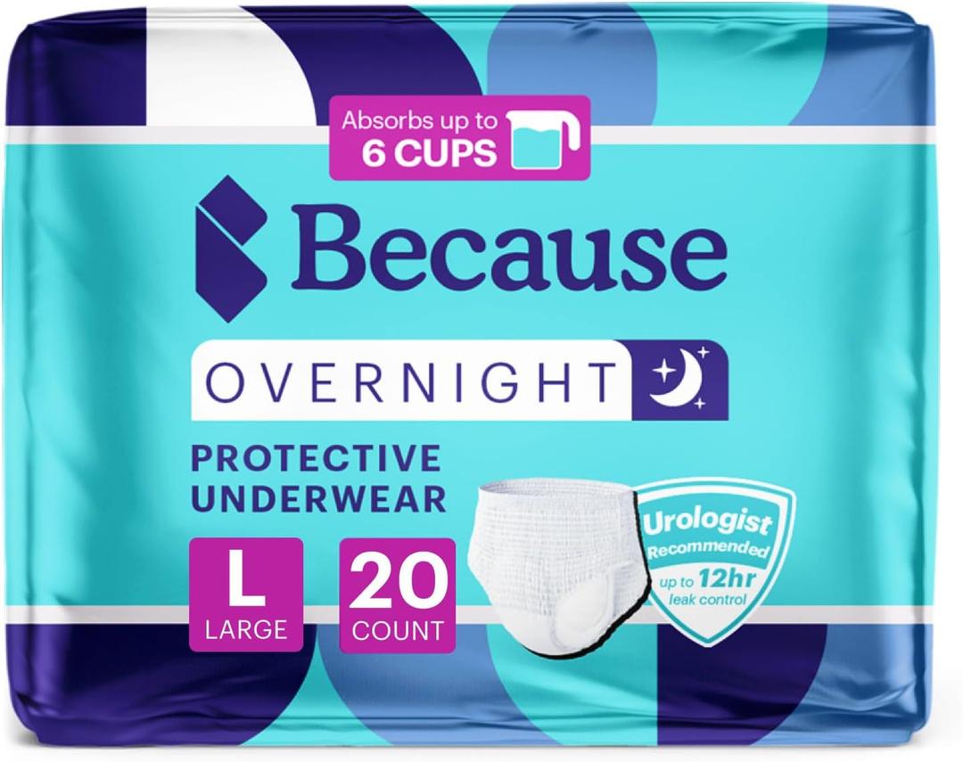 Because Overnight Absorbency Pull Ups - Adult Disposable Incontinence Underwear, Extra Absorbent Nighttime Briefs for Men and Women, White, Large, 20 Count