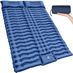 Double Sleeping Pad for Camping- Self Inflating 4" Extra-Thick with Pillow Built-in Foot Pump Inflatable Sleeping Mat for Backpacking, Hiking, Traveling, Tent, Portable Camping Mat (Blue)