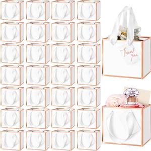 Yeaqee 50 Pcs Mini Metallic Gift Bags with Handles 4x4.75x2.25'' Tiny Thank You Favor Bags with Tag for Easter Mother's Day Wedding Spring Welcome Baby Shower Graduation Birthday (White,Rose Gold)