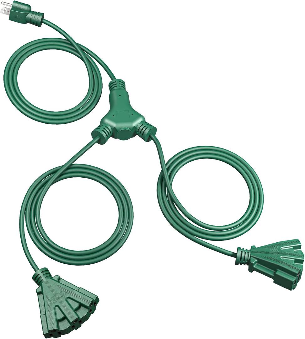 DEWENWILS Outdoor Extension Cord 1 to 2 Splitter, 13FT (7'+6' *2), 6 Grounded Outlets, Heavy Duty Power Cord, 16AWG SJTW for Landscaping Light, Holiday Decoration, 1 Pack, Green, ETL Listed