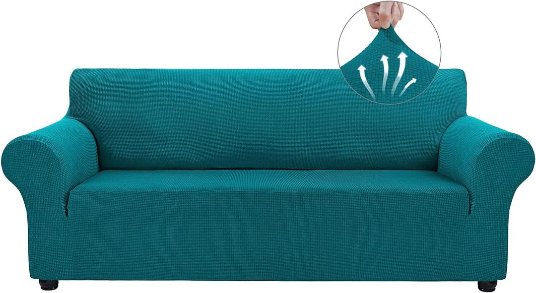 Asnomy Couch Covers for 3 Cushion Couch Stretch Sofa Covers Slipcovers, Pet Protector Furniture Covers for Dogs Cats Spandex Jacquard Fabric Small Checks LargePeacock Blue