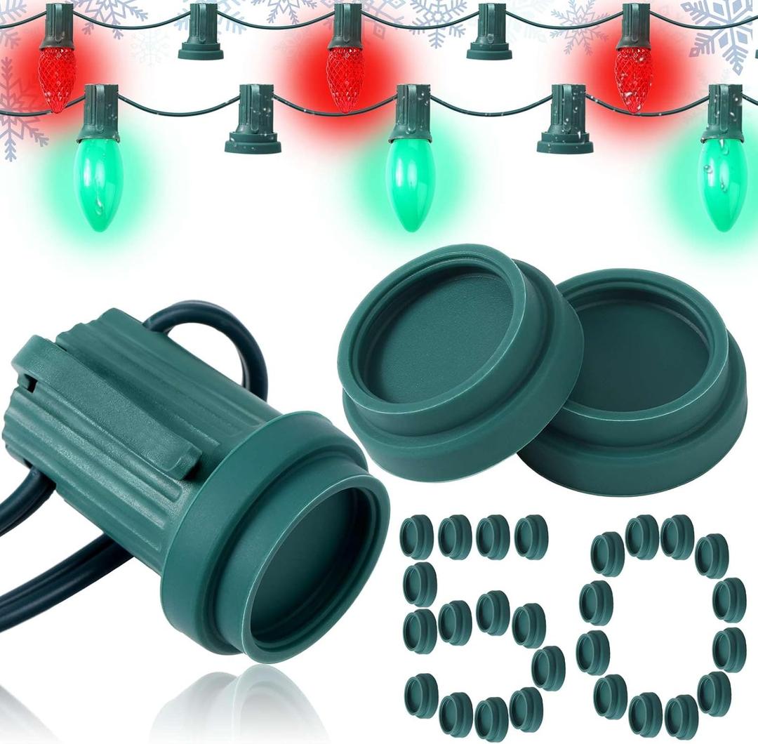 50 Pcs Christmas C9 C7 Socket Cap Light Bulbs Safety Plugs Double Sided Stringers Light Socket Cap Covers for Most Standard C7 C9 Unused Lamp Outdoor Indoor Roof Holiday Covering (Green)