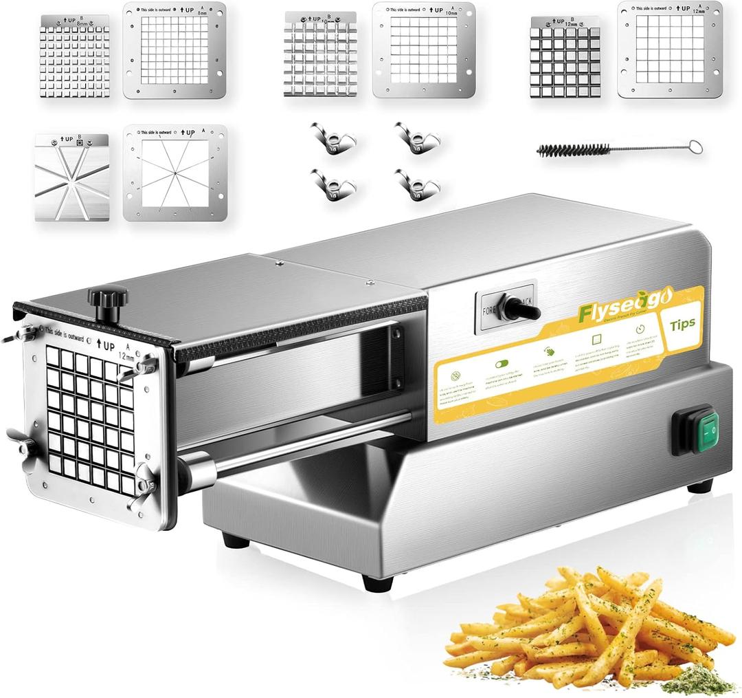 French Fry Cutter Electric Potato Cutter Stainless Steel Professional With 4 Blades For Commercial, Home Use & Cucumbers, Carrots, Sweet Potatoes, Silvery