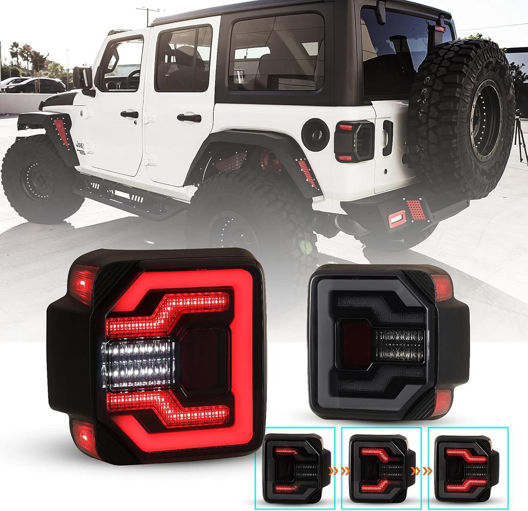 WOLFSTORM LED Tail Lights Fit for 2018 2019 2020 2021 2022 2023 2024 2025 Jeep Wrangler JL,Sequential Turn Lights Design, 2018-2025 Jeep Wrangler JL LED Tail Light Assembly,1 Pair(Smoked Lens)