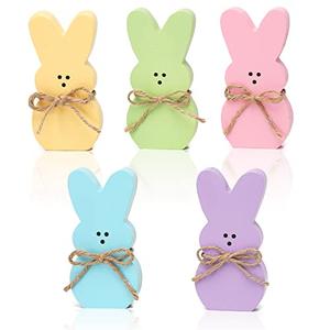 5Pcs Easter Wooden Peep Bunny Sign Tiered Tray Decor, Rabbit Table Centerpieces with Jute Rope Easter Freestanding Rabbit Tabletop Decoration for Spring