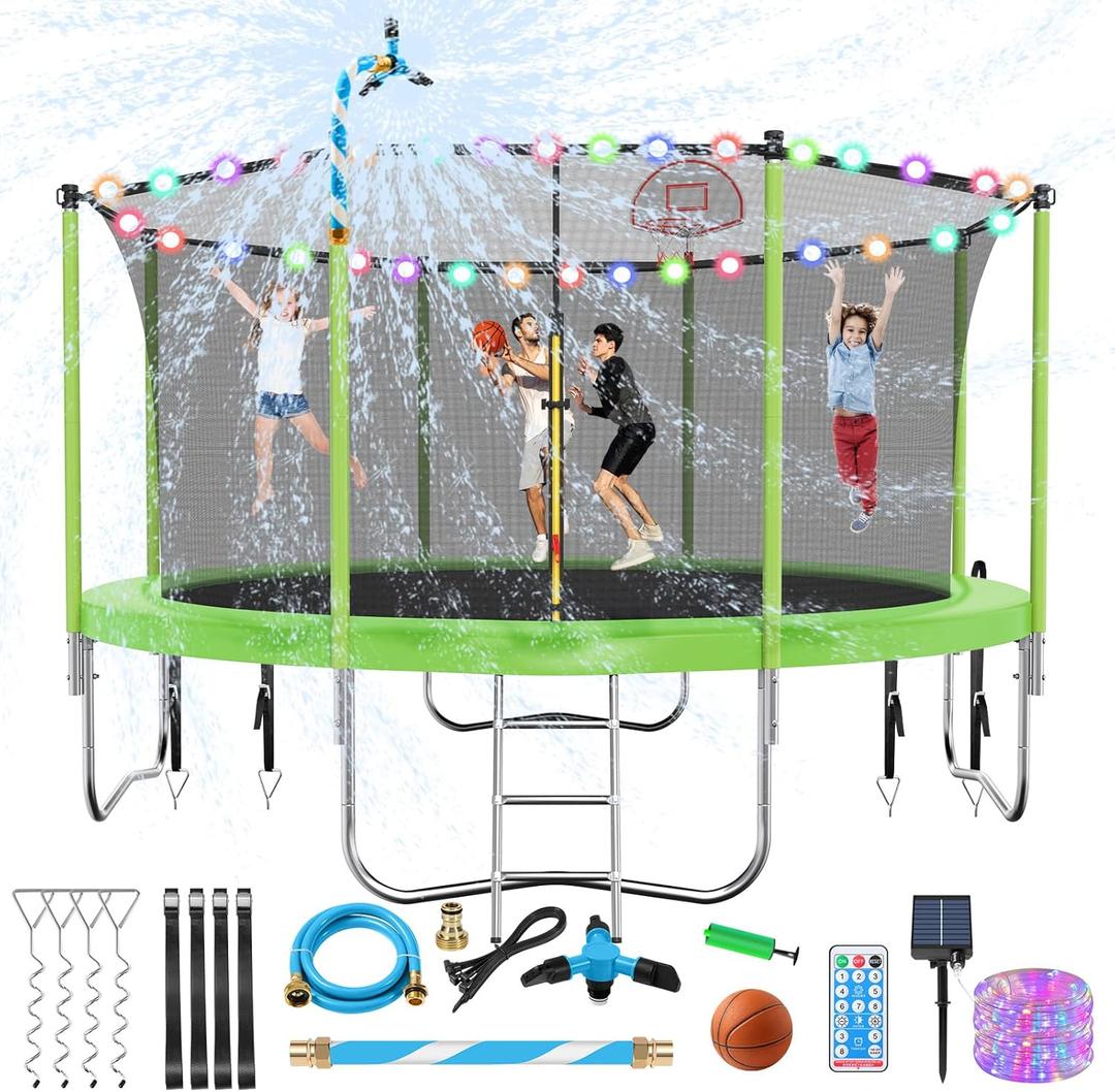 Lyromix Upgraded 12FT Trampoline for Kids and Adults, Large Outdoor Trampoline with Stakes, Light, Sprinkler, Backyard Trampoline with Basketball Hoop and Net, Capacity for 5-8 Kids and Adults