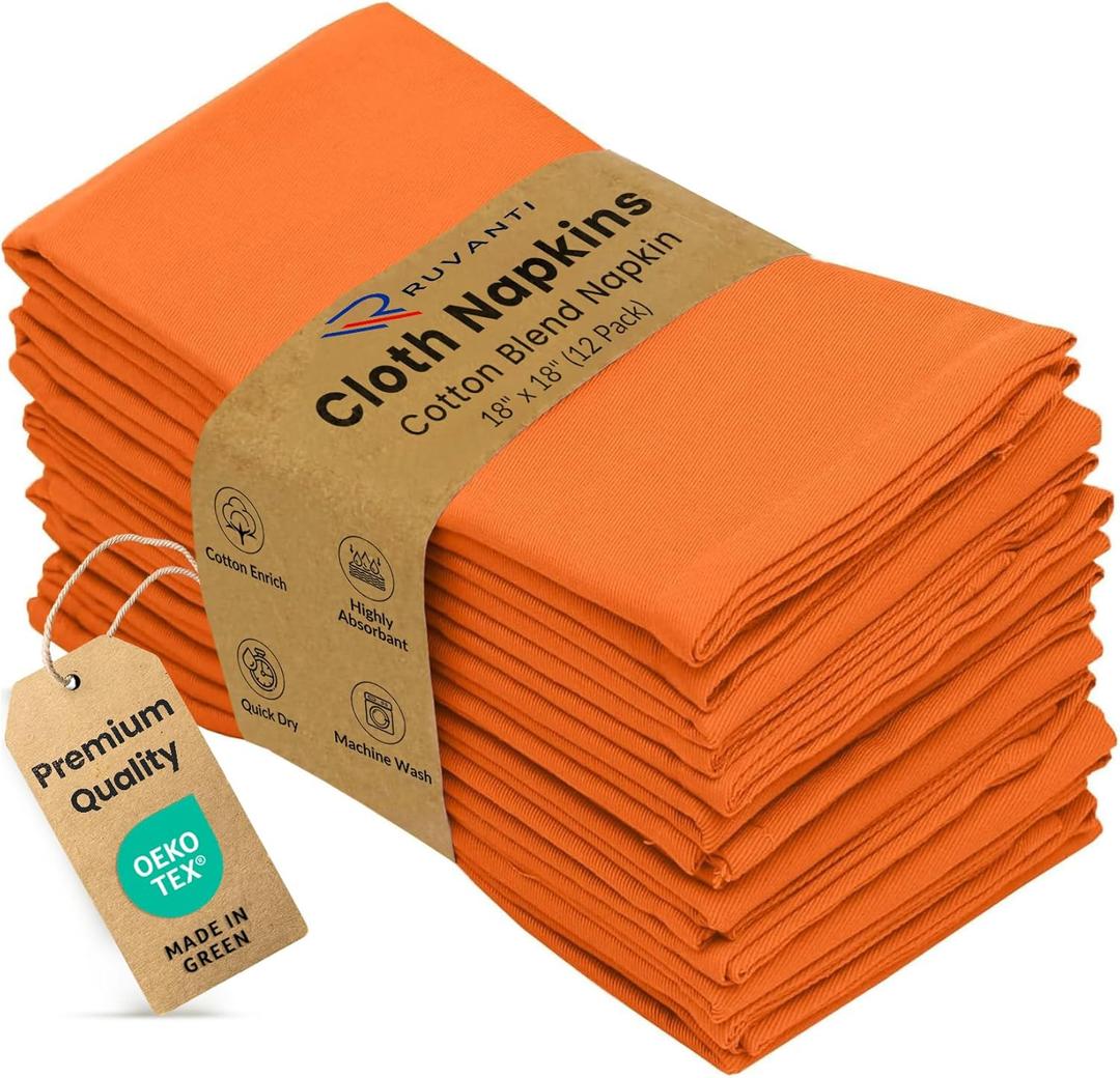 Ruvanti Cloth Napkins Set of 12, 18x18 Inches Napkins Cloth Washable, Soft, Durable, Absorbent, Cotton Blend. Table Dinner Napkins Cloth for Thanksgiving, Halloween Dinners Parties - Orange/Fall