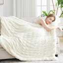 Luxury Ruched Faux Rabbit Fur Throw Blanket - Ultra Soft & Cozy Gift, Plush Fuzzy Fluffy Blanket for Couch, Bed, Living Room Decor, 60"x80", Beige