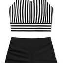 Girls Swimsuits Tankini Striped Halter Neck Cute Bathing Suits Swim Shorts 2 Piece Sets (11-12 Years, Black+stripes)