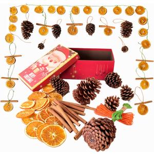 Natural Christmas DIY Decor Crafts Kit with Dried Orange Slices *25-30 pcs, Cinnamon Sticks *12, Pine Cones *6-8, Gift Box Set, DIY Holiday Decorations for Christmas Wreaths, Tree Ornaments, Home