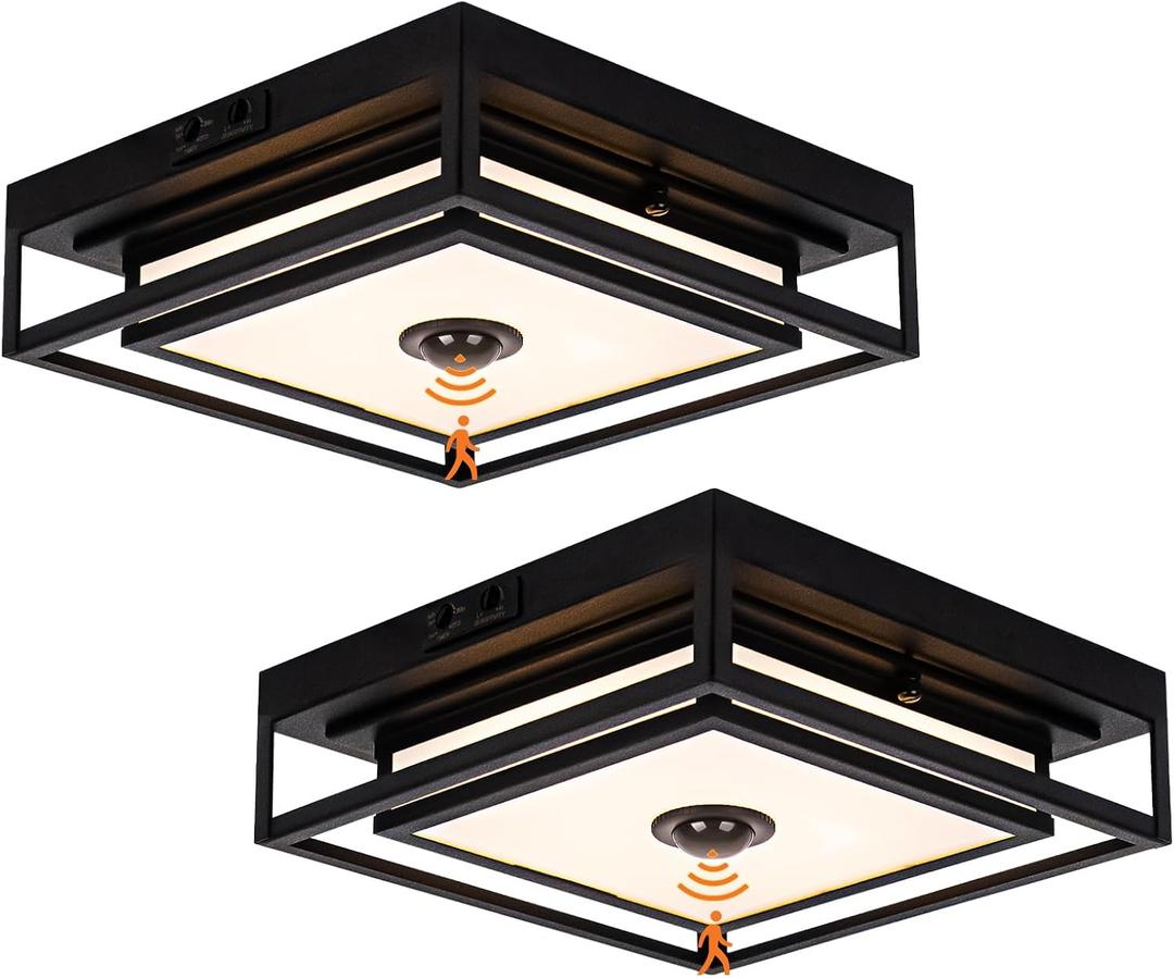 2 Pack LED Motion Sensor Outdoor Ceiling Light, Industrial Flush Mount Ceiling Light, Black Dusk to Dawn Exterior Light, Waterproof Light Fixtures Ceiling Mount for Porch, Garage, Entryway ,Farmhouse