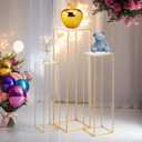 3pcs Gold Metal Plant Stand, Cylinder Pedestal Stands for Parties, Metal Plant Columns Pedestal Stands for Display, Square Cylinder Columns tables for Weddings Cake Stand Floor Plant Tables