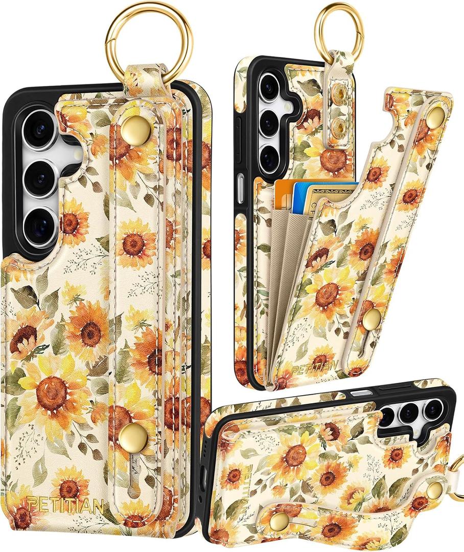 Petitian for Samsung Galaxy A16 5G Case with Wallet - Women Girls Cute Girly Aesthetic Unique Design Leather Credit Card Holder Cardholder Stand Wristband for Galaxy A16 5G, Sunflower