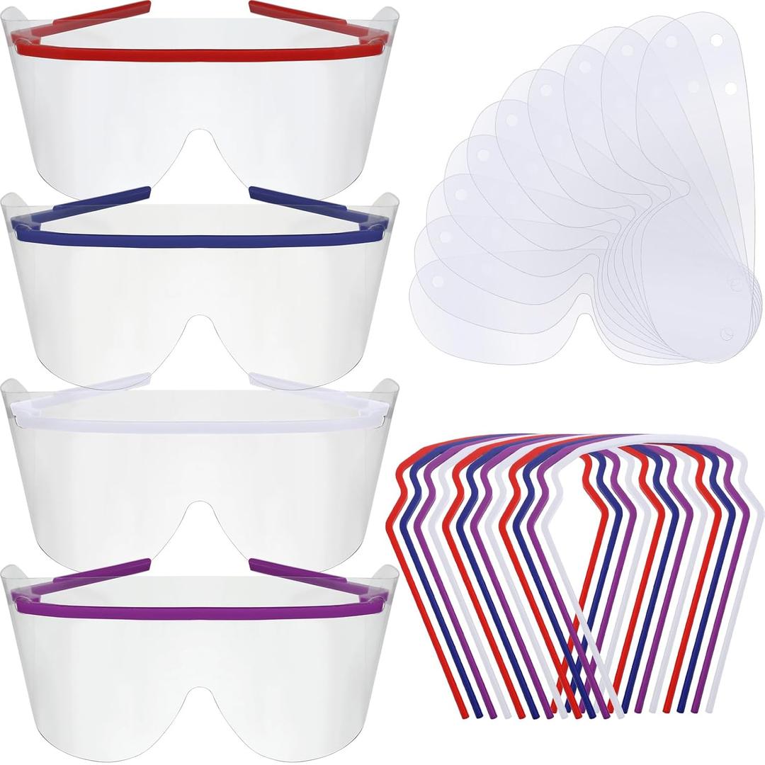 50 Pack Disposable Eye Shield Lenses Clear Safety Glasses Protective Eyewear Face Shield 4 Colors Scratch Proof Eyes Protection Splash Proof Safety Goggles for Men Women Adult