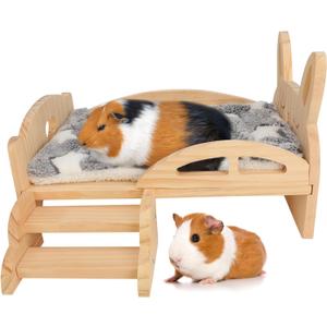 Rypet Wooden Guinea Pig Bed with Stairs and Mat Cozy Small Animals Cushion Bed Detachable Small Pet Hut Habitats for Guinea Pig Dwarf Rabbit Chinchillas Hamster Ferret