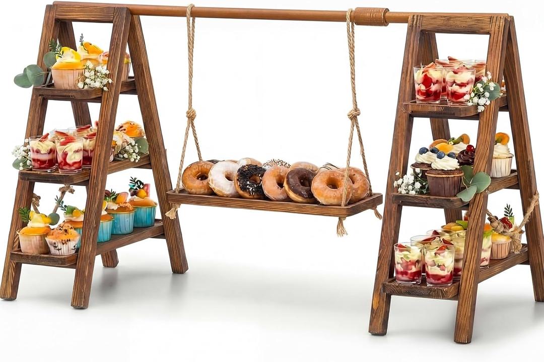 Wooden 3 Tier Swing Cupcake Stand with Serving Platter Foldable Ladder Stand Dessert Display Snack Fruit Cake Bread Centerpieces for Party, Birthday, Wedding, Baby Shower(Dark Walnut)