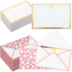 Eaasty 100 Sets Pink Note Cards for Wedding Gold Heart Personalized Note Cards with Envelopes Stationery Set Flat Blank Notes for Graduation Baby Shower Birthday Party Supplies, 5.6" x 3.5 "