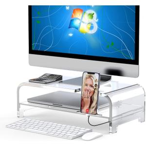 Acrylic Monitor Stand Riser Acrylic Laptop Stand Clear Computer Stand Laptop Riser with Storage Desk Organizer Accessories for Home and Office