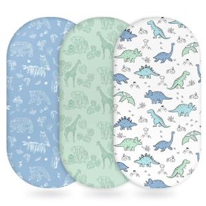 Unnivoll Baby Bassinet Sheets Girl Boy, Fitted Bassinet Sheet Set 3 Pack Bassinet Mattress Sheets Universal Fit for Rectangle, Round, Oval, Hourglass Mattress, Soft Breathable Green & Blue Dinosaur