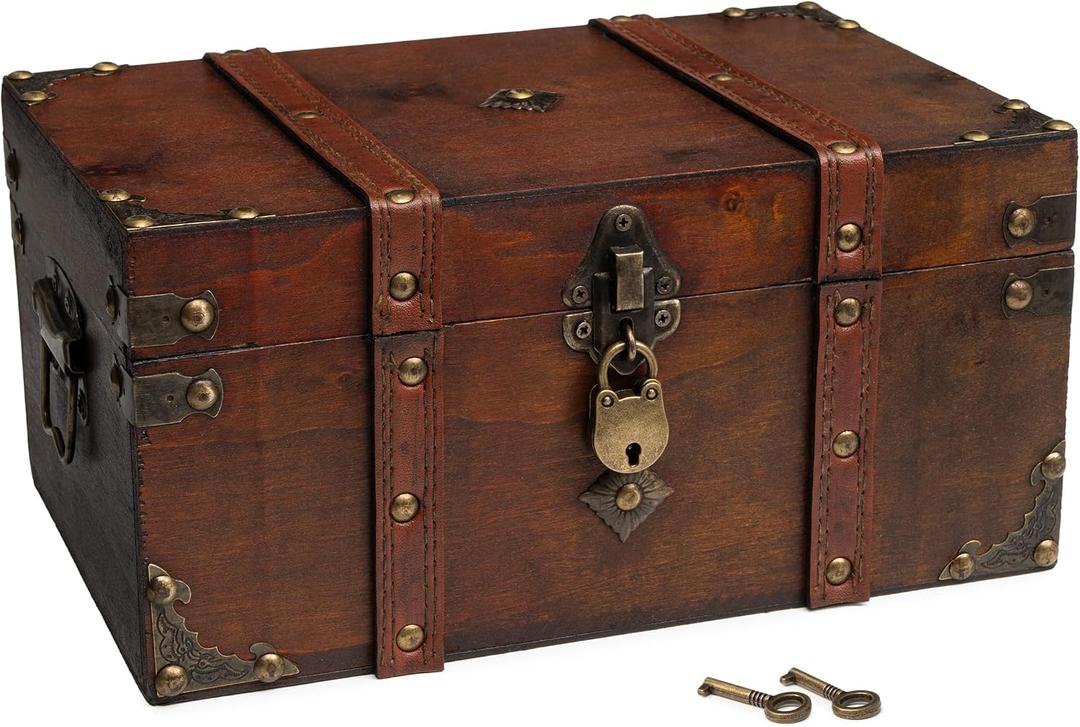 Happenings Antique Treasure Chest Box with Tray Lockable Vintage Decorative Chest for Storage, Keepsakes, Jewelry Pirates Wooden Chest Decor (11x7.1x5.5)