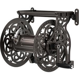Garden Hose Reel Wall Mount Metal, Holds 125 ft x 5/8" Decorative Water Hose Holder for Outside Storage, Heavy Duty Aluminum Frame w/Shelf, No-Leak Aluminum Water System, Easy Assmbly, Dark Bronze