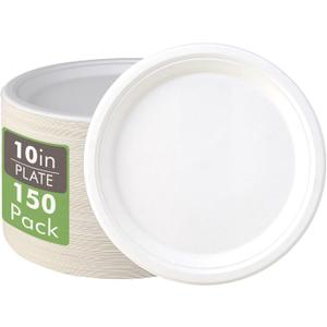 Vplus 150 Pack Compostable Disposable Paper Plates 10.25 inch Super Strong Paper Plates 100% Bagasse Natural Biodegradable Eco-Friendly Sugarcane(white)