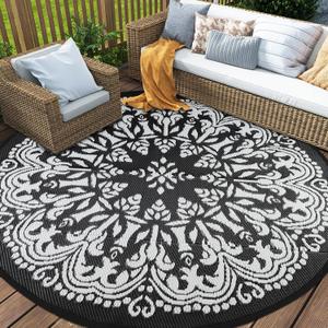 Homcomoda Round Outdoor Patio Rugs 8Ft Waterproof Indoor Outdoor Area Rugs Clearance Reversible Straw Rugs Circle Outdoor Area Rugs for Porch Garden Deck Backyard Balcony (Black)