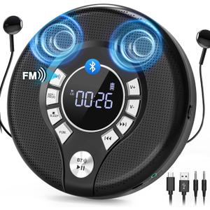 Greadio Portable Bluetooth CD Player with 2000mAh Rechargeable, Personal CD Player for Car with FM Transmitter/AUX, CD Discman Player with Headphone, 120s Anti-Skip, USB Port, Backlight (Black)