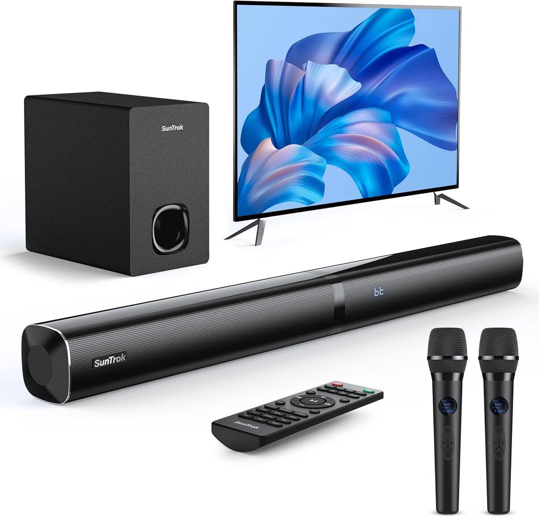 Karaoke Soundbar with Subwoofer for TV: Sound Bar with 2 Wireless Microphones - Home Theater Surround Sound System - Bluetooth Speaker with Remote Supports HDMI ARC/Optical/AUX/USB for TV/PC