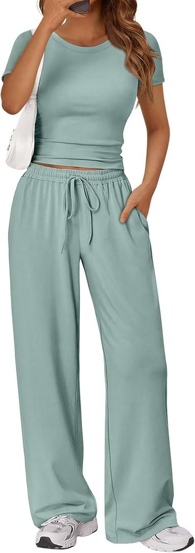 Trendy Queen 2 Piece Matching Summer Lounge Set Womens Side Ruching Top Wide Leg Pants Sets with Pockets (Green, S)