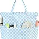 Bluboon Waterproof Beach Tote Pool Bags for Women Ladies Extra Large Carry On Bag With Wet Compartment for Weekender Travel | Waterproof, Extra Large, With Wet Compartment, for Weekender Travel, Waterproof, Extra Large (Blue White Checked)