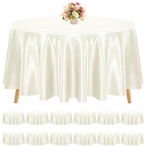 12 Pack Ivory Satin Tablecloth, 120 Inch Round Silky Satin Table Cloth, Bright Silk Tablecloth Smooth Fabric Table Covers Overlay Silky Tables Decoration for Wedding Party Banquet Birthday