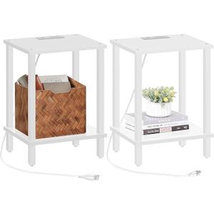 TUTOTAK End Table with Charging Station, Set of 2, Small Side Table with Outlets, Nightstand Bedside Table, 2-Tier Storage Shelf for Small Space, Living Room, Bedroom White TB01BW041