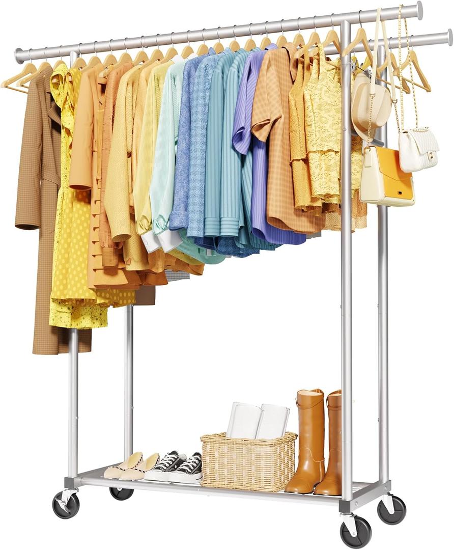 Sakugi Mobile Double Rod Clothes Rack, Freestanding Garment Organizer with Medium Load Capacity and Bottom Storage Shelf for Home Use,Silver (45.6" x 16.9" x 62"(2 Rods))