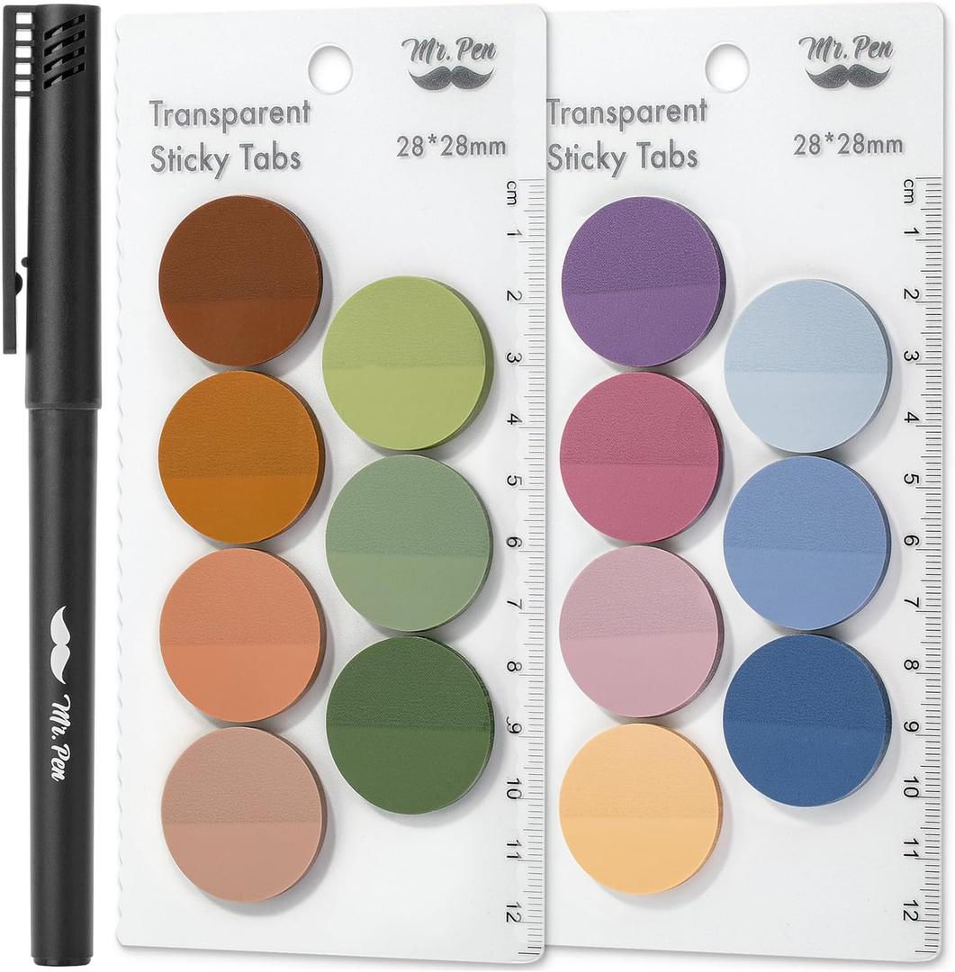 Mr. Pen- Round Transparent Sticky Notes, 1.1 Diameter, 14 Pads, 560 Sheets, Colorful, Water-Resistant See-Through Sticky Notes & Fineliner, Smooth Writing, Note Tabs for Bible Journaling, Studying (Organic Modern)