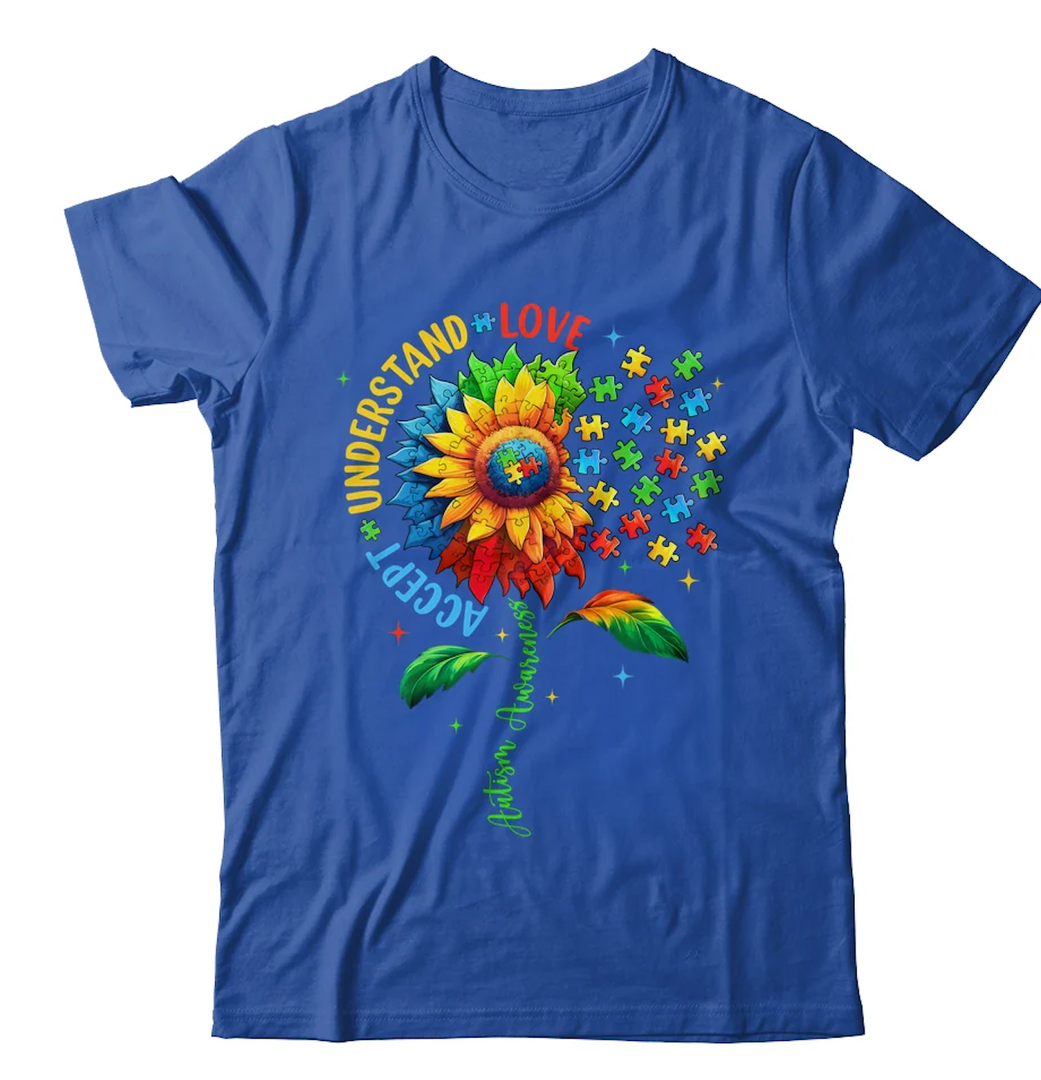 Autism Awareness Sunflower Men Women kids Autism Sunflower T-Shirt (Women, Size Large, Blue)