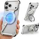 Z Metal Case for iPhone 17 Pro Frameless, Aluminum Alloy Bumper Compatible with Magsafe Kickstand Minimalist Shockproof Cool Cover Hard Shell with 360Ring Holder Magnetic Stand, Natural