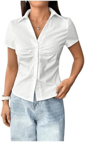 SweatyRocks Women's Ruched Button Up Blouses Collar V Neck Short Sleeve Work Shirts XL