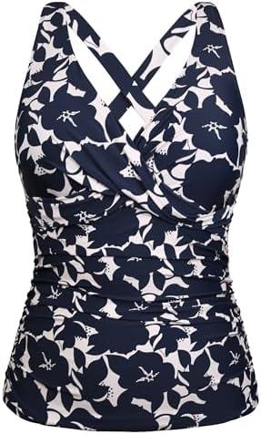 Firpearl Women Underwire Tankini Top Only Twist V Neck Swimsuits for Big Busted Ruched Tummy Control Bathing Suits Top, Size 12