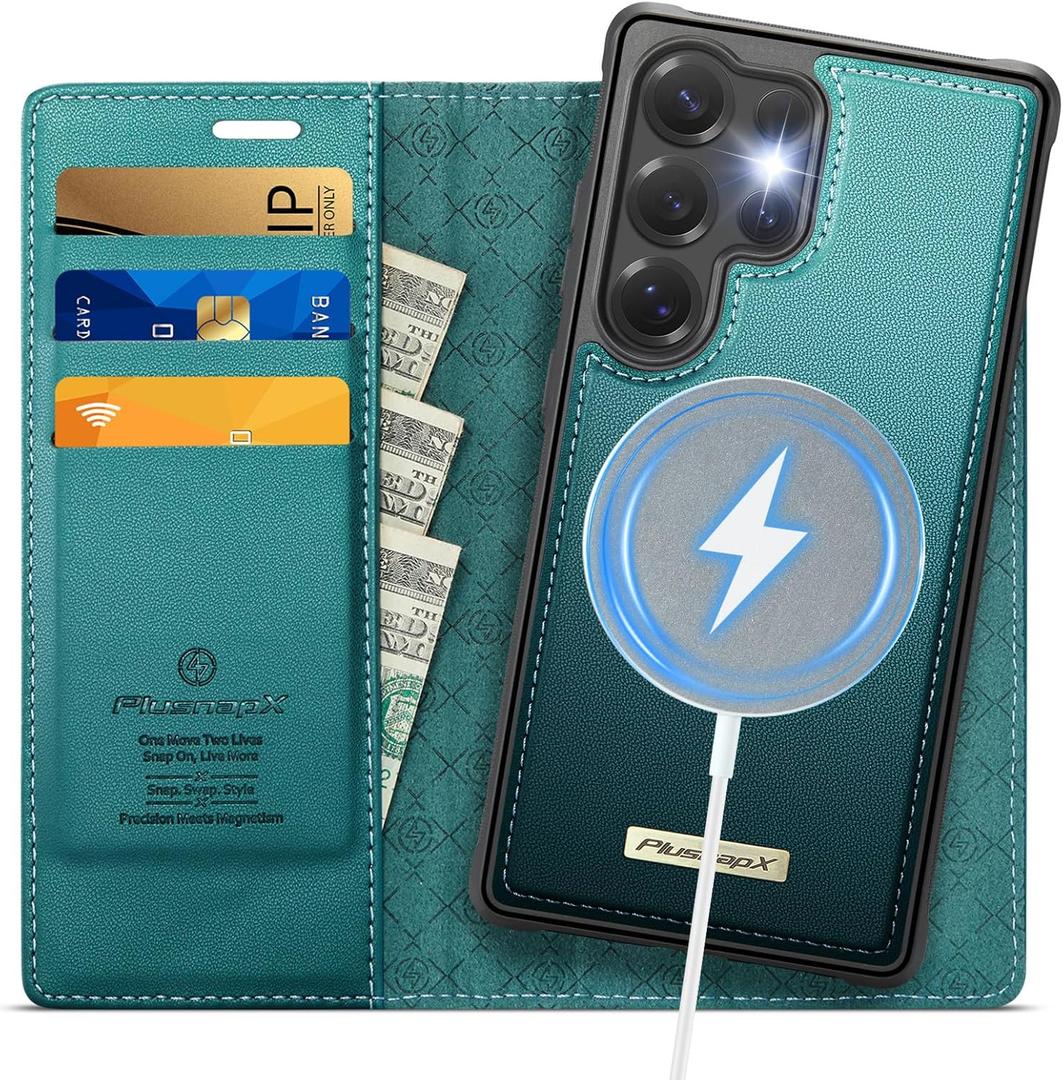 Wallet Case for Samsung Galaxy S25 Ultra Compatible with Magsafe, 2-in-1 PU Leather Flip RFID Blocking Card Holder Stand Shockproof Magnetic Detachable Cover for Galaxy S25 Ultra, Bluegreen