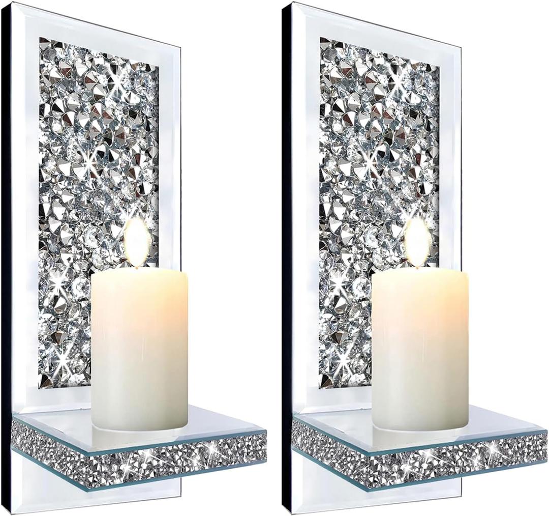 ZOLAPI Set of 2 Crystal Crush Diamond Candle Sconces, Gorgeous Silver Mirrored Wall Sconce, Candle Holder Glass Wall Decorations for Home Dcor, Living Room, Dining Room. 1A