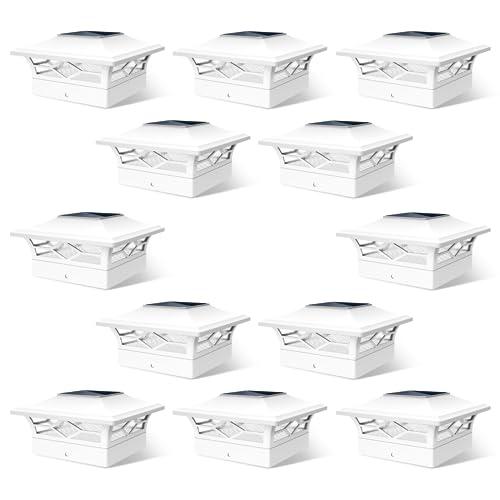 JOFIOS Solar Fence Post Lights, Cap Lights for 4x4/5x5 Vinyl Fence and 4x4/6x6 Wooden Post, Warm White/Cool White Lighting, White Solar Cap Outdoor Waterproof Decorate Garden Pathway Dcek Patio